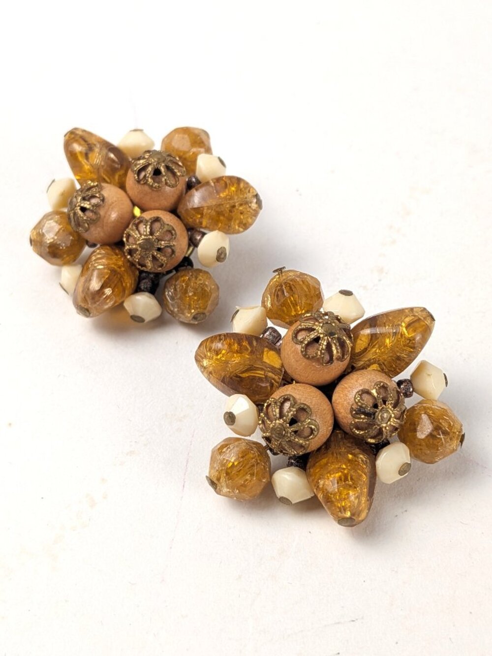 Vintage Brown/White Beaded Clip-on Earrings